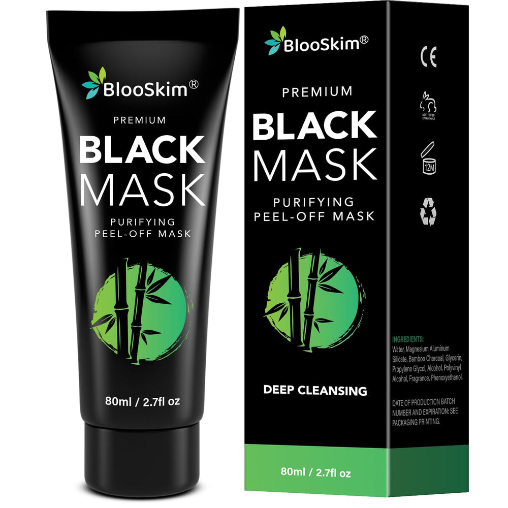 Blooskim Blackhead Remover Mask packaging highlights charcoal formula for deep cleansing.