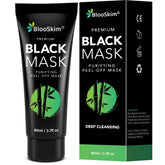 Blooskim Blackhead Remover Mask packaging highlights charcoal formula for deep cleansing.