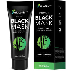 Blooskim Blackhead Remover Mask packaging highlights charcoal formula for deep cleansing.
