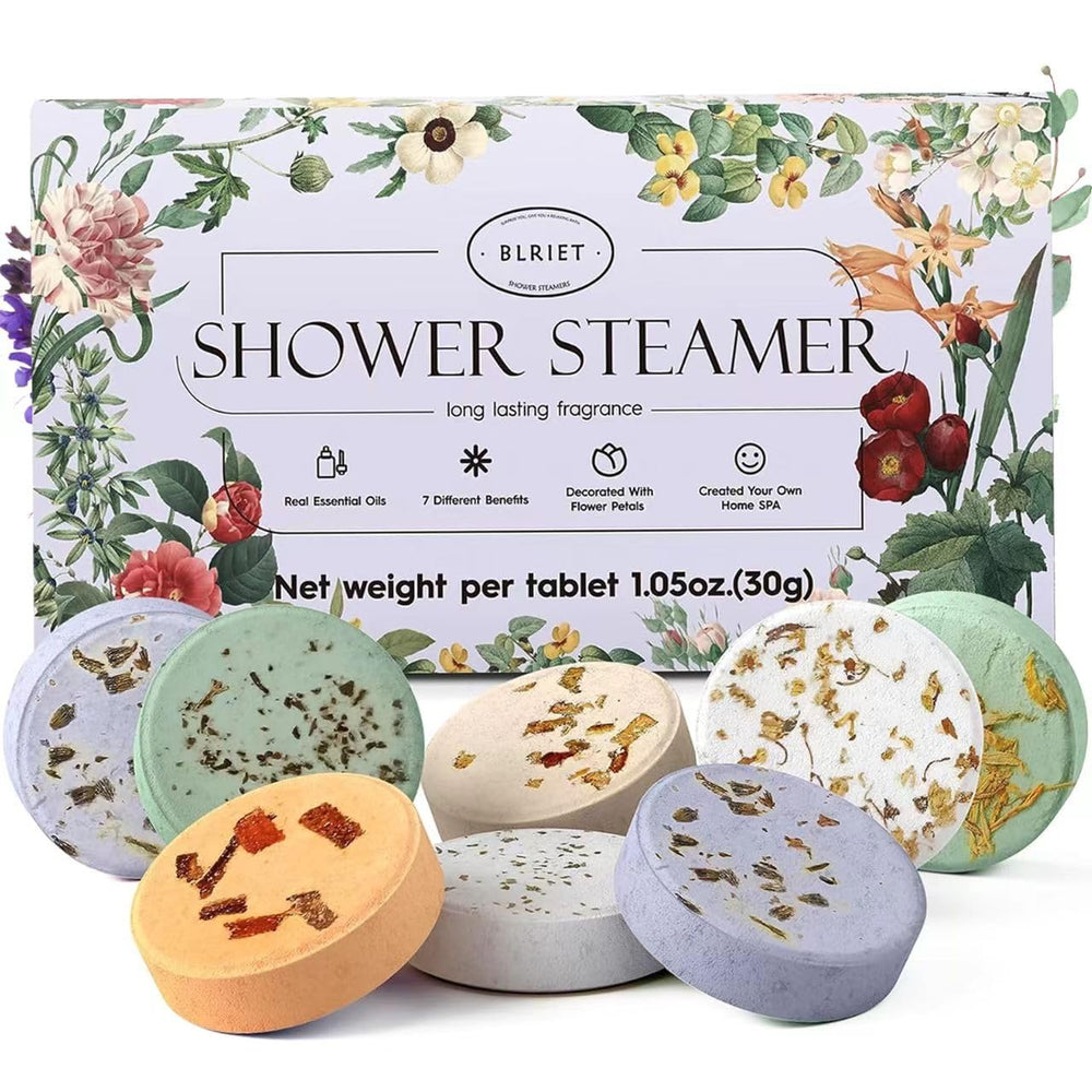 BLRIET shower-steamers-8-pack gift set in festive packaging for holidays
