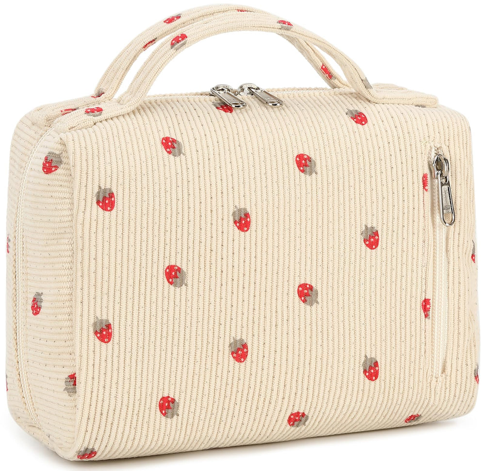 Bluboon makeup bag front view in strawberry corduroy beige for everyday organization