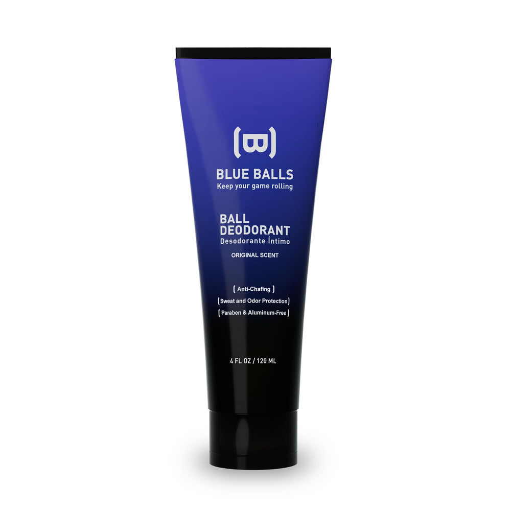Blue Balls ball deodorant bottle being applied for all-day freshness.