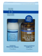 Blue Cross cuticle remover cream bottle demonstrates quick nail prep for tidy cuticles.