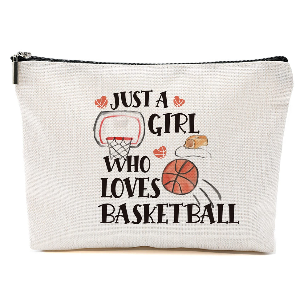 Blue Leaves basketball makeup bag front view with black zipper for travel organization.