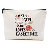 Blue Leaves basketball makeup bag front view with black zipper for travel organization.