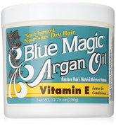 Blue Magic Argan Oil Leave-In Conditioner bottle offers moisturizing detangler benefits.