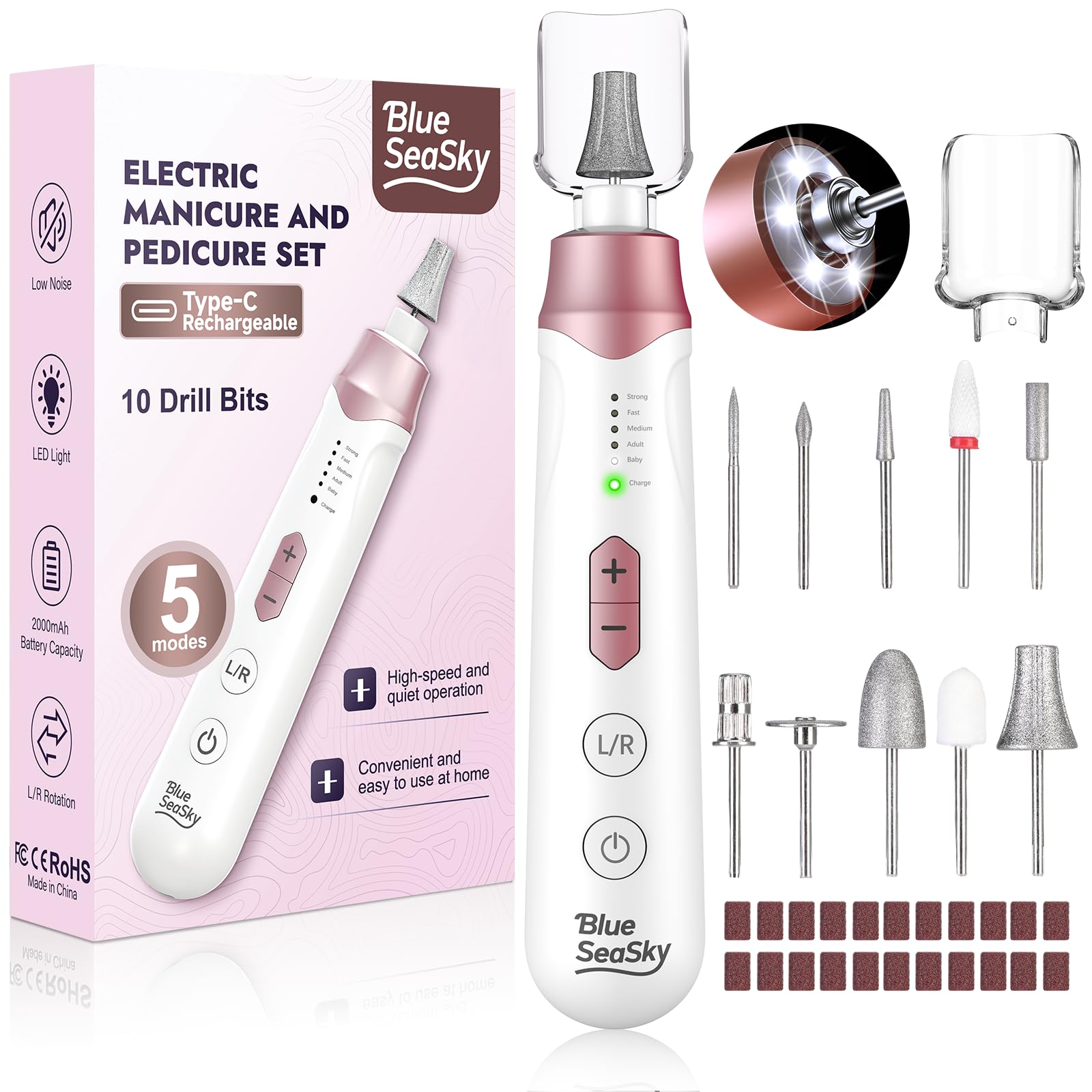 Blue Sea Sky nail drill pink front view for precise at-home manicures.