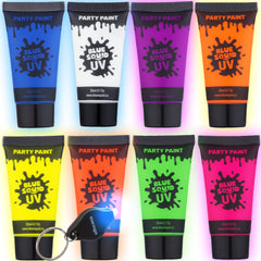 Blue Squid neon body paint tubes showcase eight vivid colors for glow parties.