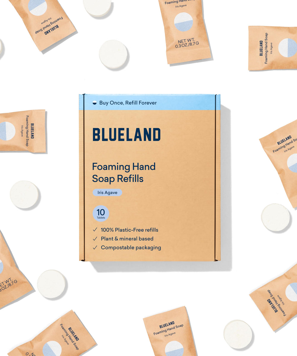 BLUELAND foaming hand soap tablet dissolving to create eco-friendly foam