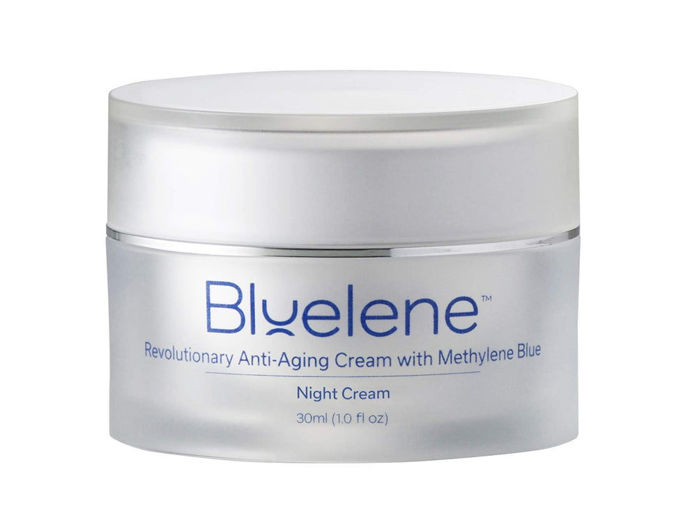 Bluelene Night Cream bottle closeup shows overnight hydration for sensitive skin