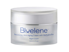 Bluelene Night Cream bottle closeup shows overnight hydration for sensitive skin