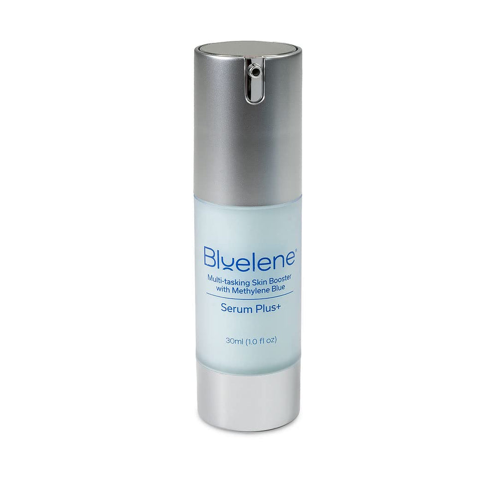 Bluelene Serum Plus+ bottle close-up highlighting the hydrating formula for glowing skin