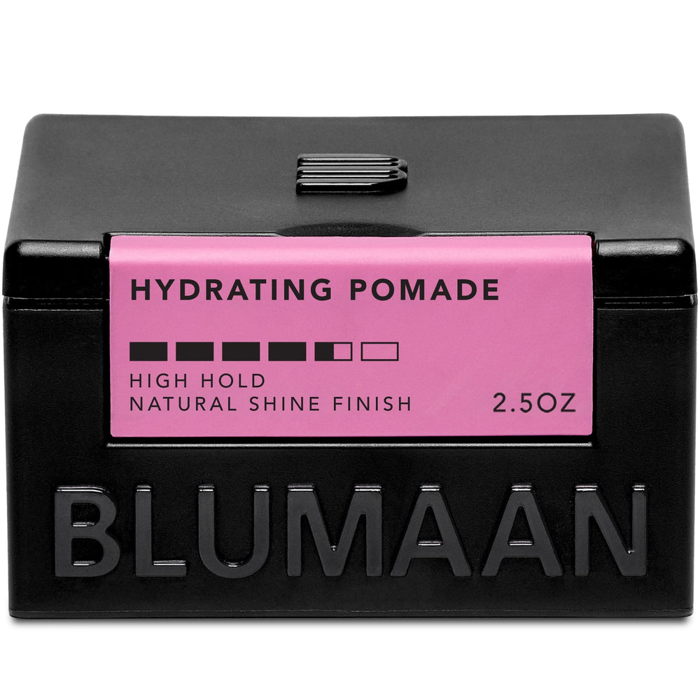 BluMaan Hydrating Pomade bottle closeup highlights low shine and high hold for polished looks.