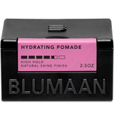 BluMaan Hydrating Pomade bottle closeup highlights low shine and high hold for polished looks.
