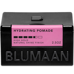 BluMaan Hydrating Pomade bottle closeup highlights low shine and high hold for polished looks.