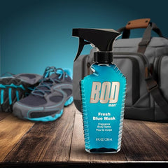 Bod Man Fresh Blue Musk body spray bottle side showcases compact travel-friendly size