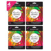 Bodipure Premium Hand Mask Keratin Gloves packaging shows a four-pair box for at-home spa care.