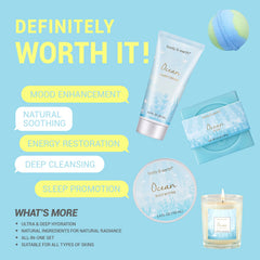 BODY & EARTH five-piece spa gift set packaging close-up, sturdy and reusable storage