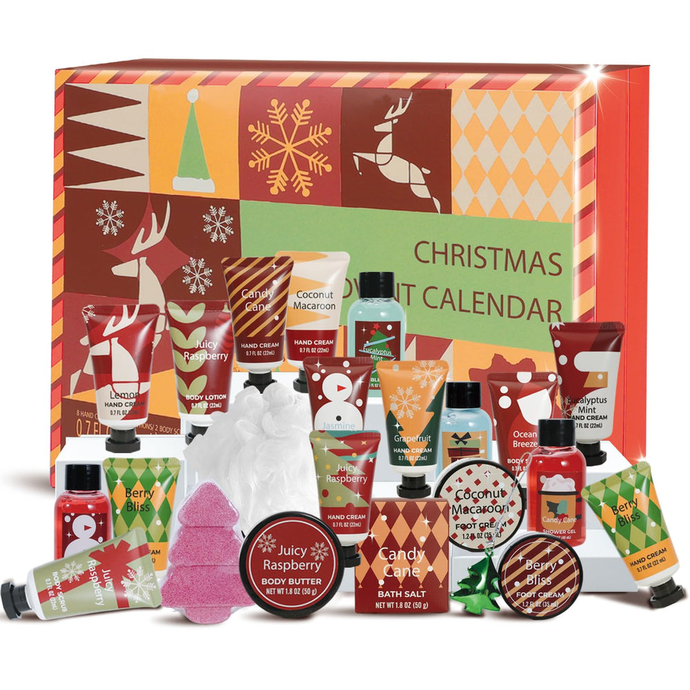BODY & EARTH # LOVE advent calendar front view shows 24-day spa gifts for gifting.