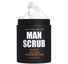 Body Prescriptions Man Scrub jar front shows soothing exfoliation for refreshed skin.