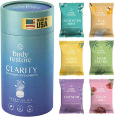 Body Restore Clarity shower steamer 6-pack front for daily relaxation and spa-like ritual.