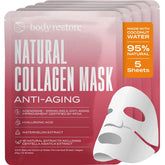 Body Restore natural collagen face mask 5 pack packshot highlighting a giftable, hydrating skincare set