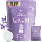 Body Restore lavender 15 pack shower steamers on a tray for spa like relaxation.