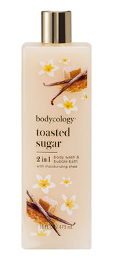 Bodycology Toasted Sugar Foaming Body Wash bottle pouring for daily cleansing and hydration.