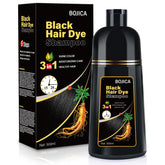 BOJICA hair dye shampoo application on dry hair for gray coverage.