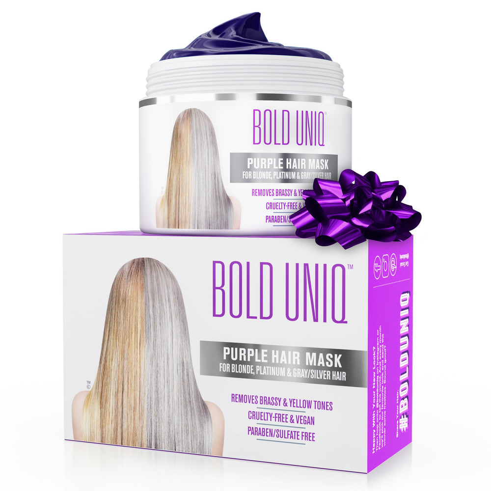 Bold Uniq Purple Hair Mask tube demonstrates violet toning for brass-free blonde results