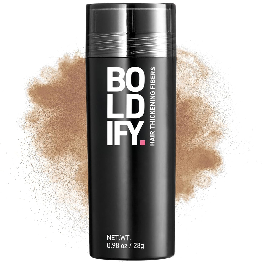 Boldify Hair Fibers 28g jar closeup shows natural blend and instant fullness