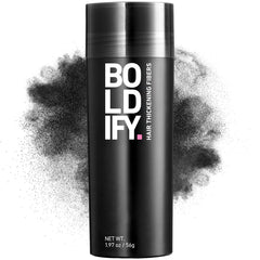 Boldify Hair Fibers 56g being dispensed for fuller hair effect.