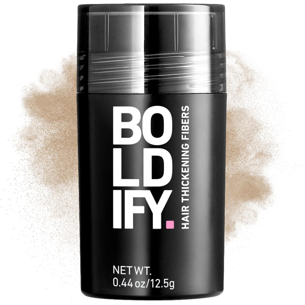 Boldify Hair Fibers packaging shows compact bottle for quick touchups.