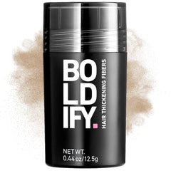 Boldify Hair Fibers packaging shows compact bottle for quick touchups.