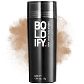 Boldify Hair Fibers packaging highlights 28g bottle and shade options for instant root coverage.