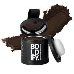 Boldify Hairline Powder compact application shows precise root coverage.