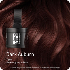 Boldify Hairline Powder dark auburn swatch showing natural shade match for gray coverage.