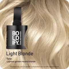 Boldify Hairline Powder light blonde packaging highlights its portable stain-proof solution.