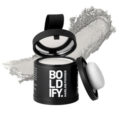 Boldify Hairline Powder packaging in white provides quick, discreet gray coverage