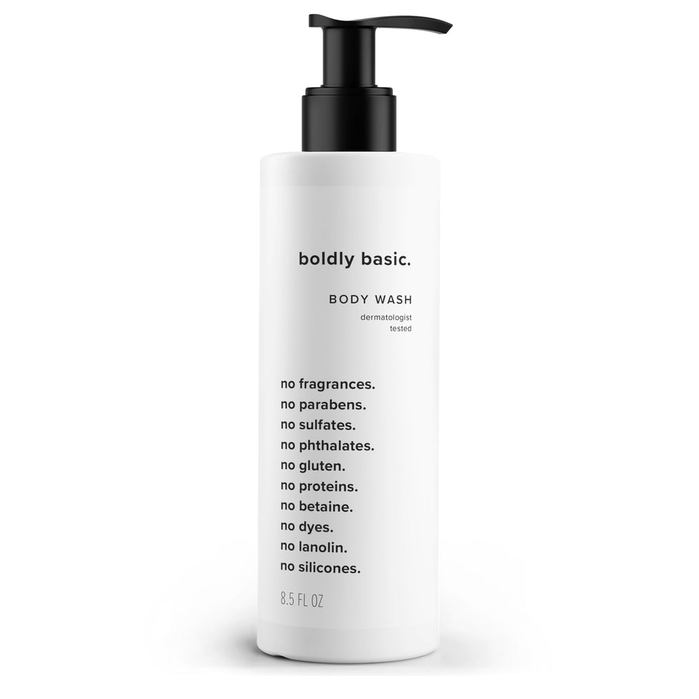 Boldly Basic fragrance-free body wash bottle pour showing gentle cleanse for sensitive skin
