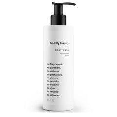 Boldly Basic fragrance-free body wash bottle pour showing gentle cleanse for sensitive skin