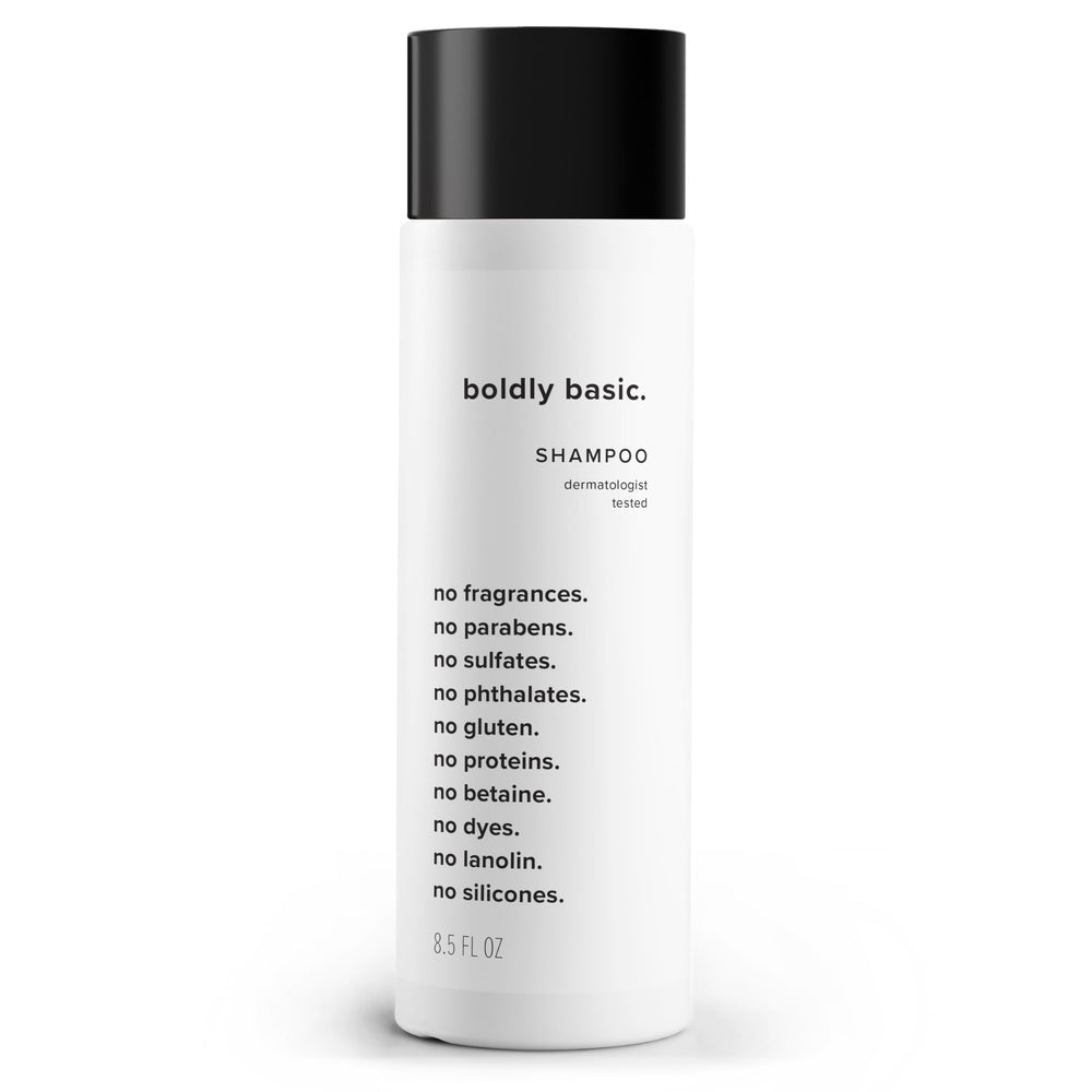 Boldly Basic fragrance-free shampoo bottle showing gentle formula for sensitive skin
