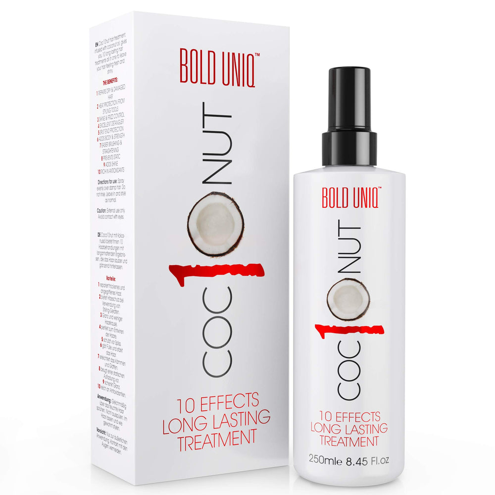 Bold Uniq Coconut Thermal Protection Spray bottle shows heat defense up to 450°F.