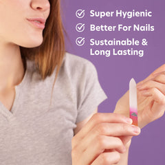 Bona Fide Beauty close-up glass file demonstrates gentle dual-direction filing for sensitive nails.