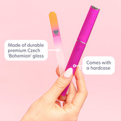 Bona Fide Beauty gold magenta nail file close-up shows smooth filing and luxury feel.