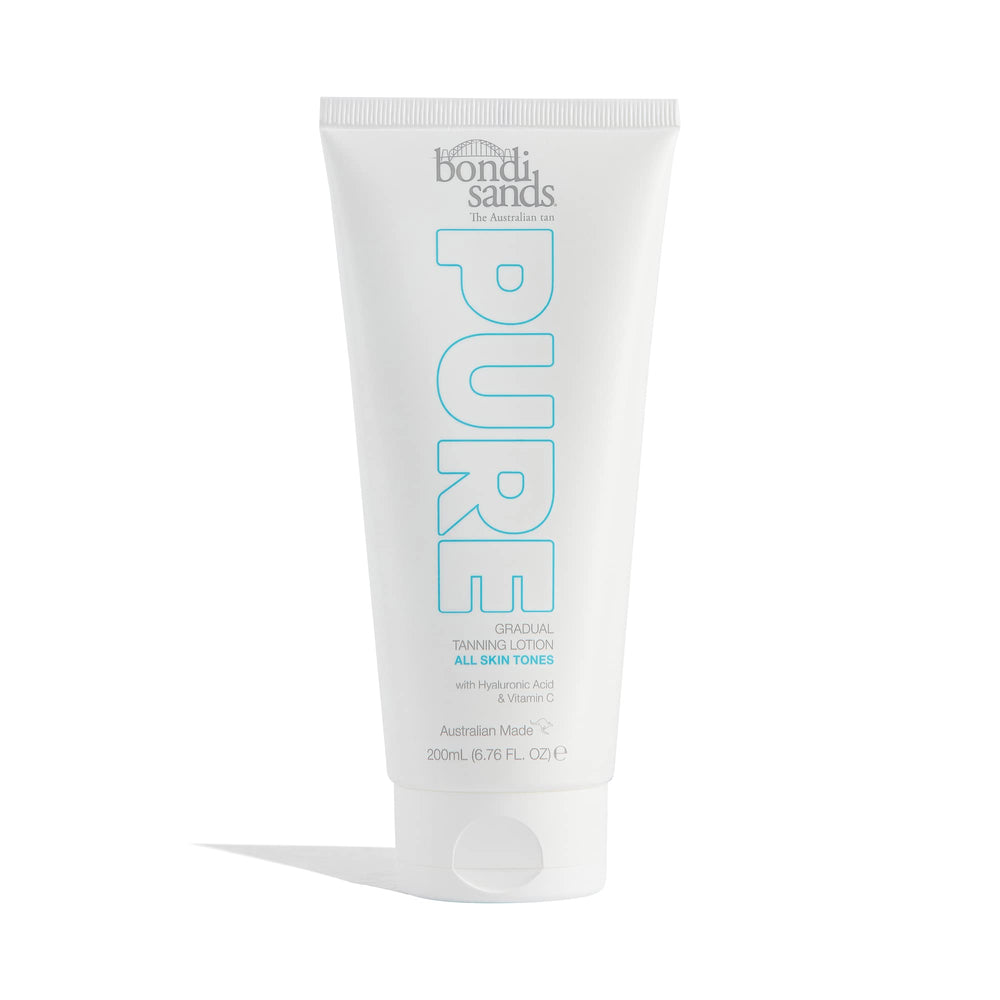 Bondi Sands PURE gradual tanning lotion bottle shows fragrance-free, buildable color.