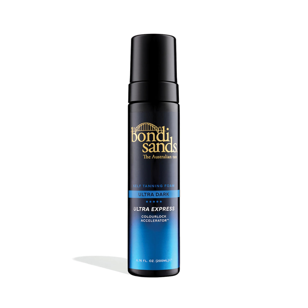 Bondi Sands Ultra Express Self Tanning Foam bottle shows fast color development for same-day glow