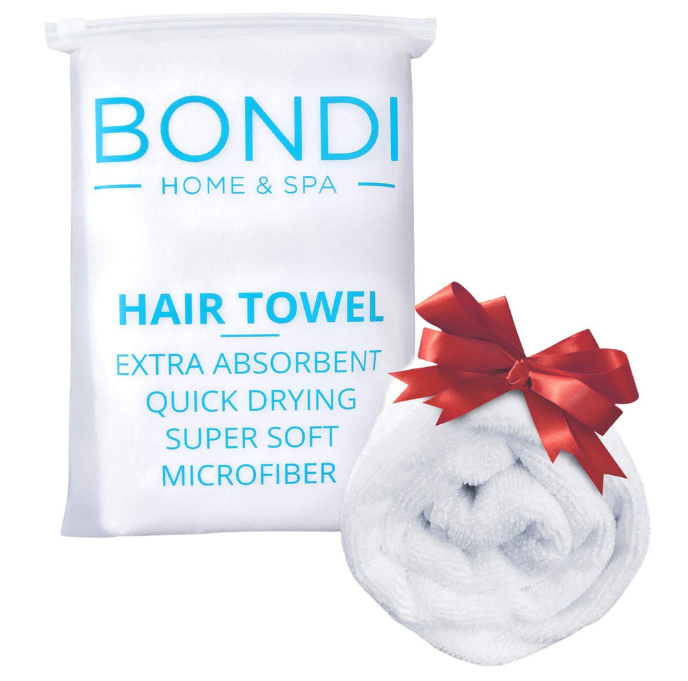 Bondi Spa microfiber hair towel close-up shows ultra-soft fabric for quick drying.