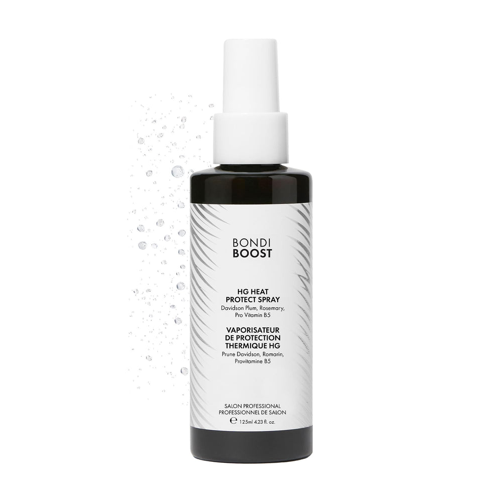 BONDIBOOST heat protectant spray bottle front view highlighting lightweight heat protection.