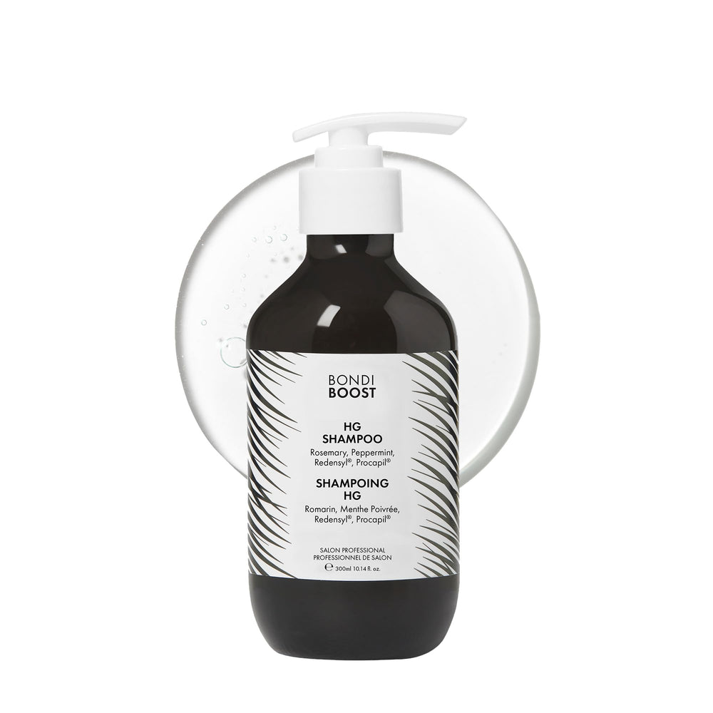 Bondiboost HG shampoo bottle front view; fuller-looking hair potential.
